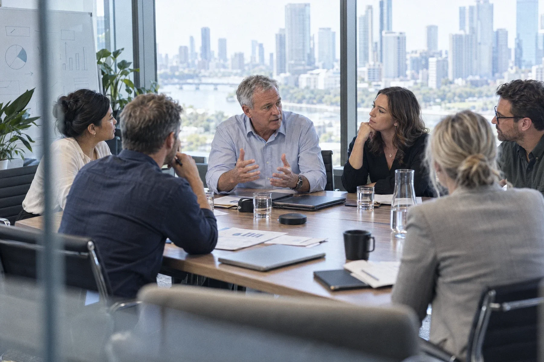 A leadership team in discussion around a boardroom table